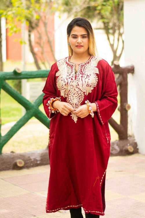 Maroon Color Kashmiri Zari Work Embroidered Phiran Enriched Designer Neckline Pattern