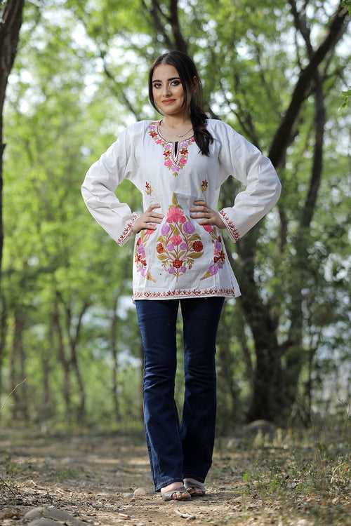 White Cotton Aari Work Kurti With Multicoloured Designer Flower Embroidery