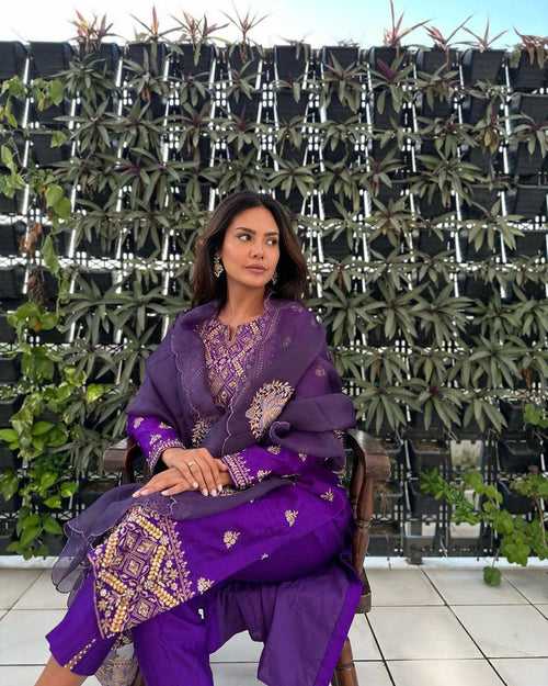 Purple Boutique Wear Dress, With Paper Work, and Organza Dupatta