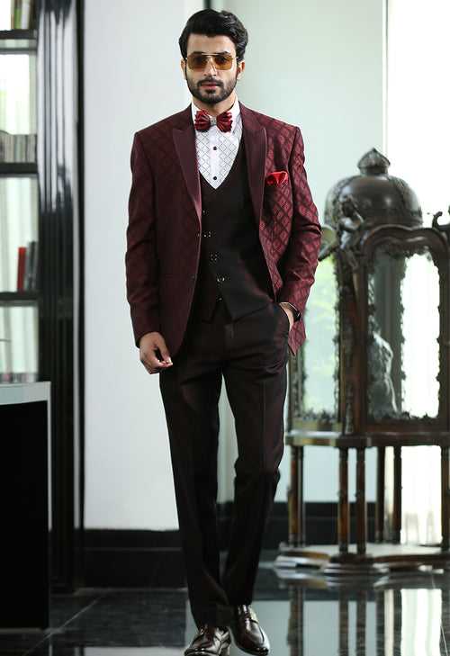 Wine Peak Lapel Jacquard Suit