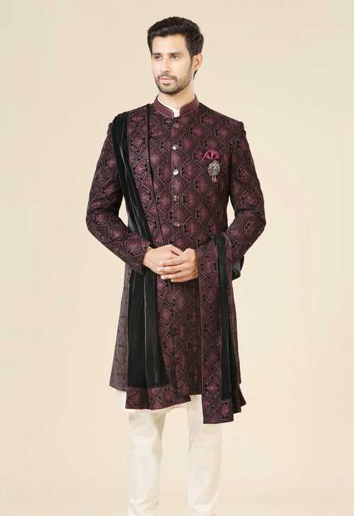 Embroidered Wine Velvet Indo-Western with Dupatta