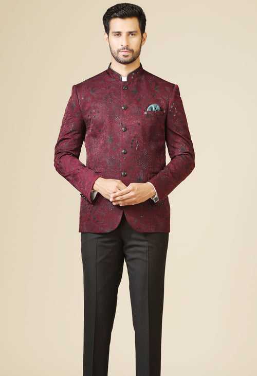 Wine Embroidered Bandhgala Set with Formal Trouser