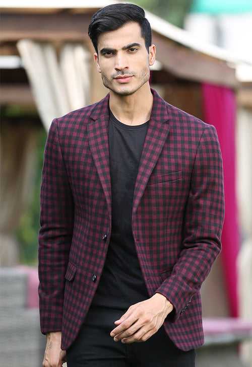 Wine Knitted Check Blazer