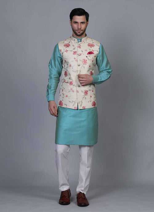 Embroidered Blue Kurta Jacket Set