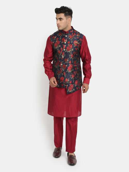 Blue Jacket with Red Kurta Set