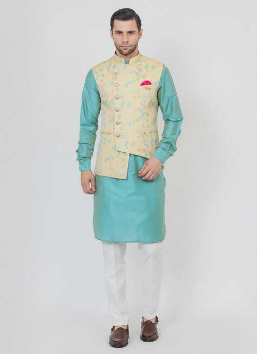 Asymmetric yellow Jacket with Kurta Set