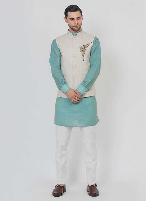 Pure Linen Jacket with a Blue Kurta Set