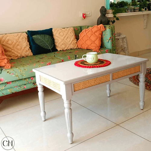 Byzantina - Eclectic Coffee Table with Turned Legs and Rattan Accent