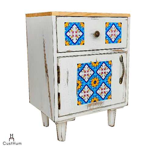 Jasmine - Distressed Solid Wood Side Table with Embedded Tiles