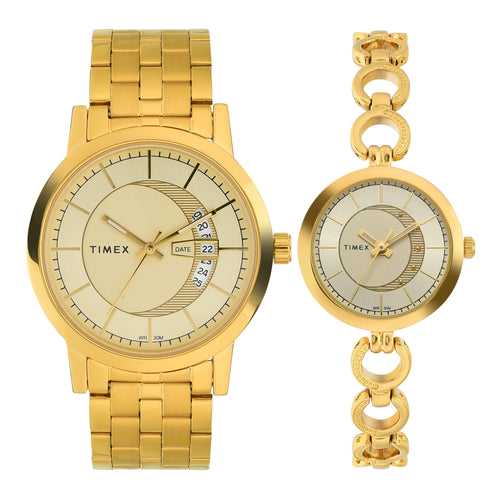 Timex Unisex Champagne Round Dial Analog Pair Watches - TW00PR229