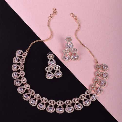 American Diamond Wedding Collection Golden Necklace Set And Ring Combo Set