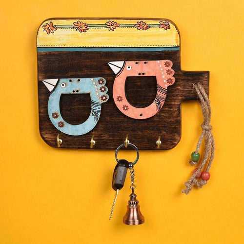 'Bird Motif' Handcrafted Wooden Key Holder (4 Key Hooks)