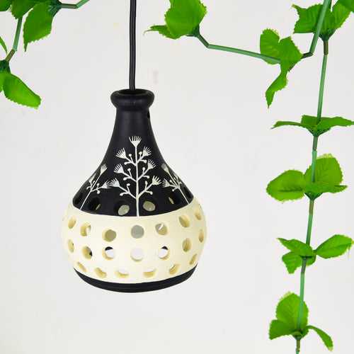 'Warli Pot' Terracotta Hanging Lamp Hand-Painted  (Black & White)