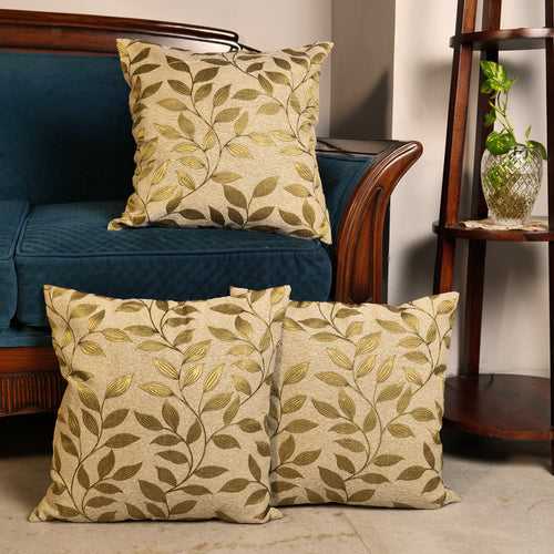 'Golden Leaves' Mehndi Green Textured Cushion Covers (16 x 16 Inch)