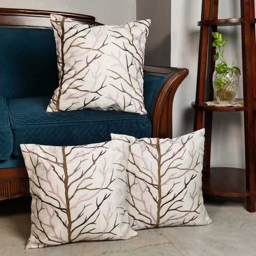 'Mighty Trees' Off White Organza Cushion Covers (16 x 16 Inch)