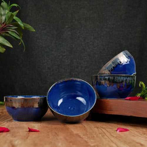 'Sapphire Dribble' Ceramic Dinner Bowls, (220 ml)