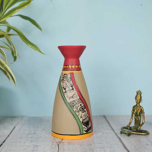 'Warli Celebrations' Hand-Painted Terracotta Tall Vase, Single