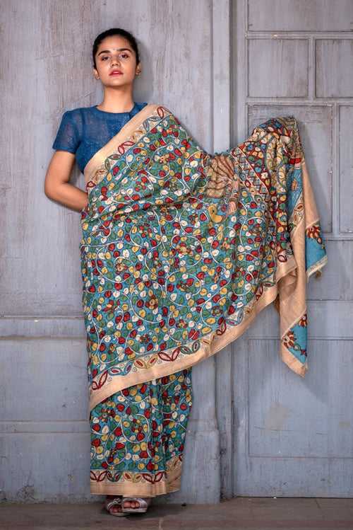 Natural Dye Hand-Painted Kalamkari Cotton Sari