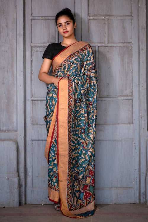 Natural Dye Hand-Painted Kalamkari Silk Sari