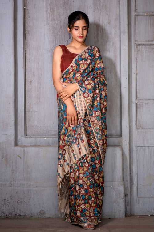 Natural Dye Hand-Painted Kalamkari Silk Sari