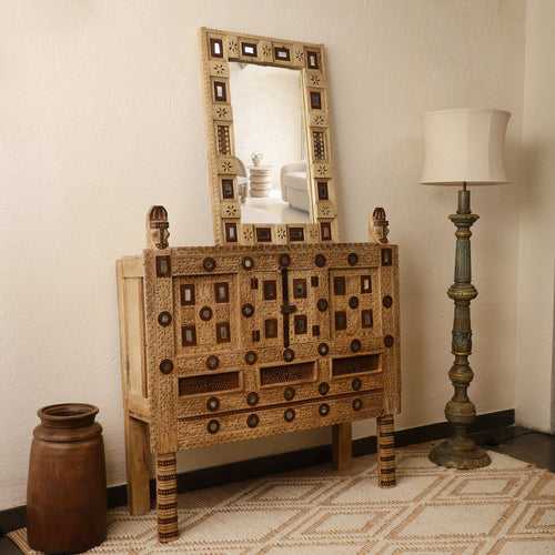 Antique Brown Damchi Console Table and Mirror