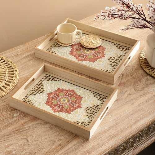 Floral Pattern Wooden Serving Tray (Set of 2)