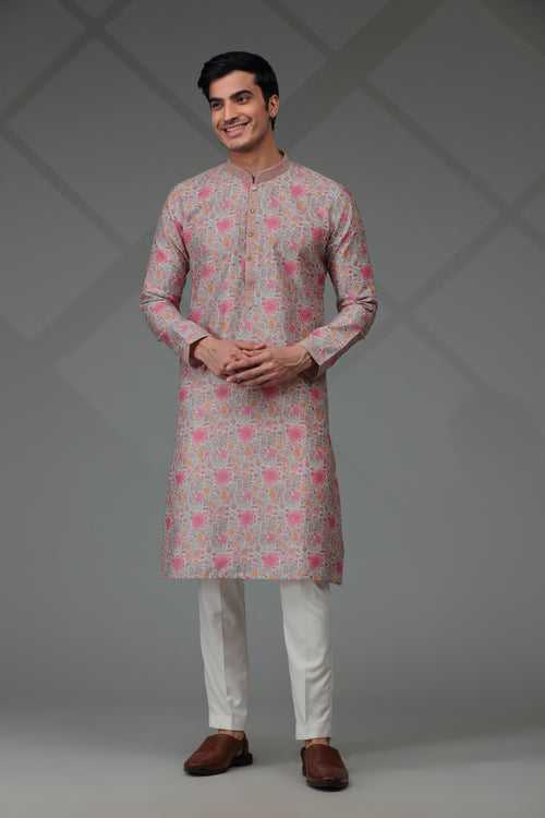 Ivory/Pink Kurta Set with Floral Print