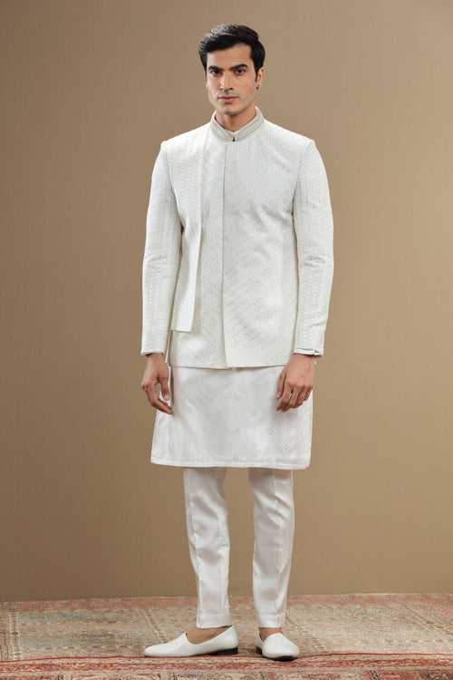 Ivory silk embroidered  sherwani set with anarkali