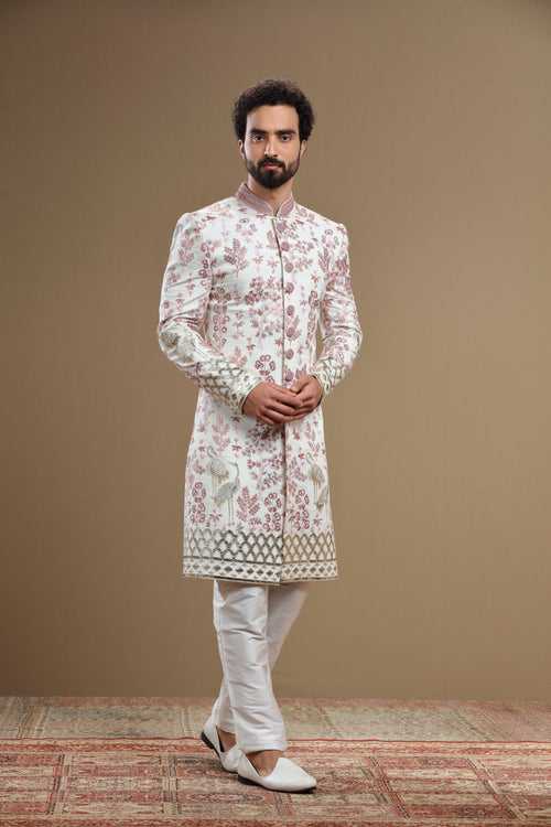 Ivory Embroidered sherwani in flora and fauna motif