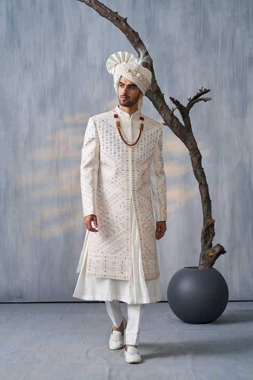 Ivory Sherwani Anarkali Kurta With Resham And Butti Work