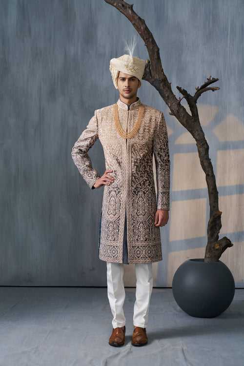 Green Sherwani Set With Floral Motifs And Mirror Work