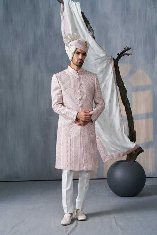 Lilac Indowestern Set With Motif Embroidery And Kasab Work