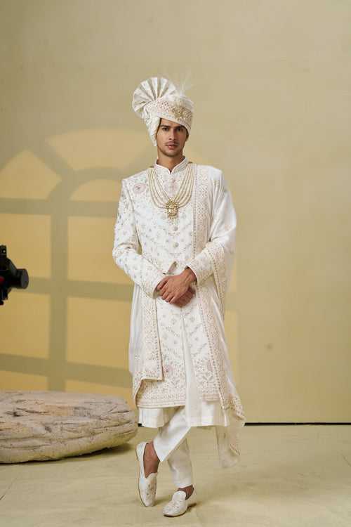 Ivory Sherwani Set With Floral Embroidery And Bead Work