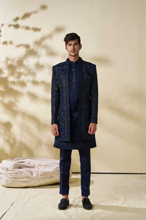 Dark Blue Long Jacket with All-Over Embroidery