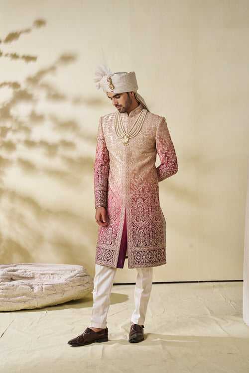 Green to Maroon Ombre Sherwani with Traditional Motif