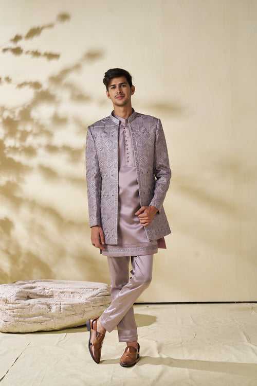 Lilac Open Jacket Set with Resham and Kasab Work