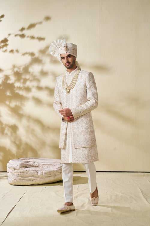 Cream Sherwani with All-Over Traditional Embroidery