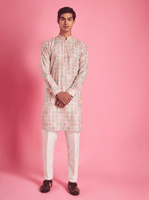 Ivory With Multi Color Motif Kurta Set For Men