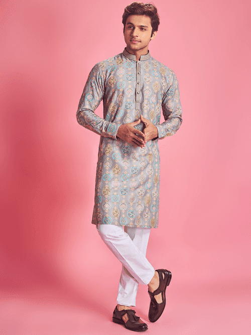 Grey With Multi-Color Motif Kurta Set For Men