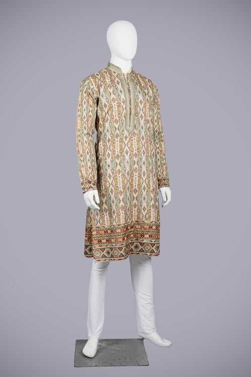 Beige Silk Kurta Set with Tessellation Print