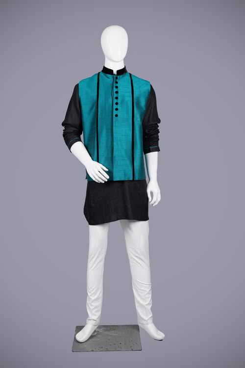 Black & Rama Linen Nehru Jacket Set