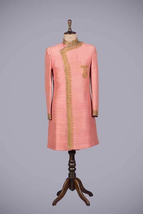 Exquisite Peach Awo Silk Sherwani with Marodi Work Under 10000