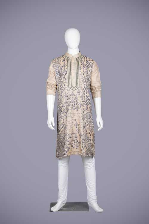 Beige Tussar Silk Kurta Set with Resham & Sequence Work