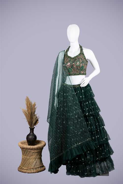 Green Net Lehenga Choli with Shimmering Sequence Work