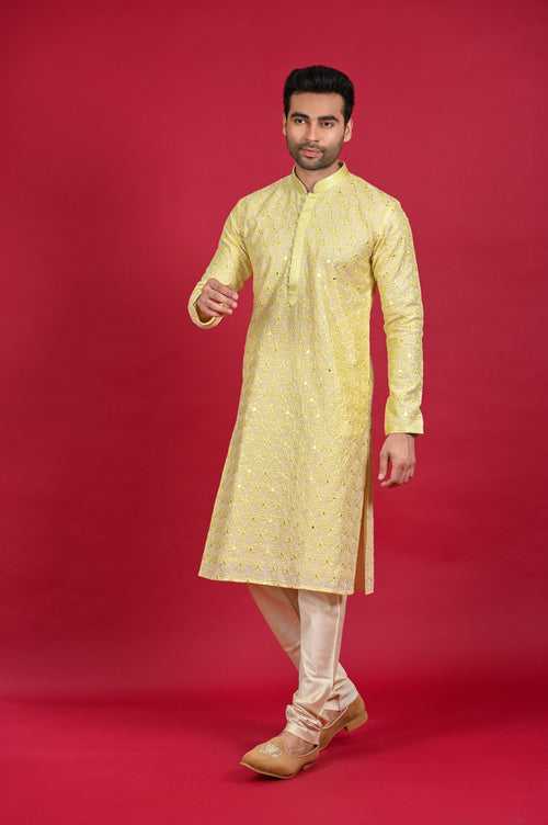 Pastel Yellow Kurta Set for Haldi in Silk