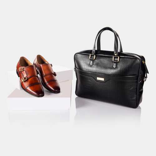 Bruce Double Monk (Chestnut) & LM Business Edtn. Laptop Bag (Piano Black)