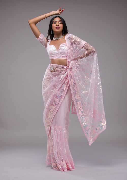 Baby Pink Sequins Tissue Saree