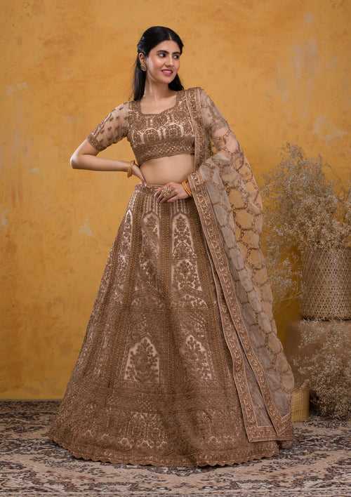 Beige Stonework Net Semi Stitched Lehenga