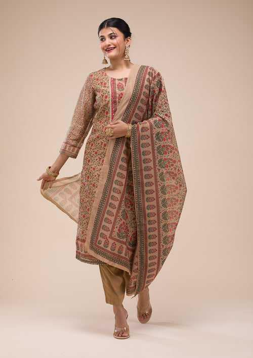 Beige Threadwork Chanderi Readymade Salwar Suit