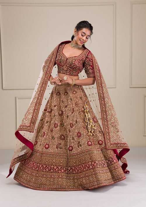 Beige Zariwork Velvet Readymade Lehenga